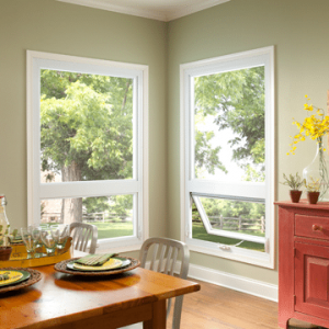 A dining room with low-level awning windows 