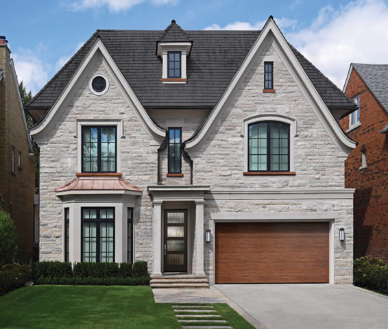 Modern Tudor stone front house with large gables; Classic-Craft American, Flush-Glazed Chinchilla Glass