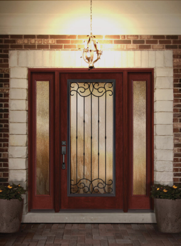 Classic-Craft Mahogany, Borrassa Glass and Wrought Iron, Hammered Glass Full lite Sidelites | CCM1528 & CCM3400XHSL