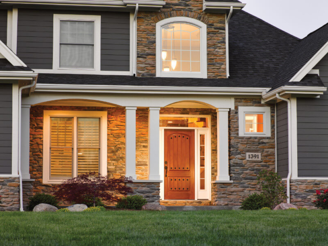 Classic-Craft Rustic, Fiberglass Solid 2-Panel Plank Soft Arch Door, Sidelites and Transom, Clavos