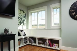 Reading nook in a home with double-hung windows.
