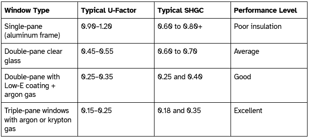 Window Type: Single-pane (aluminum frame). Typical U-Factor: 0.90–1.20. Typical SHGC: 0.60 to 0.80+. Performance Level: Poor insulation. Window Type: Double-pane clear glass. Typical U-Factor: 0.45–0.55. Typical SHGC: 0.60 to 0.70. Performance Level: Average. Window Type: Double-pane with Low-E coating + argon gas. Typical U-Factor: 0.25–0.35. Typical SHGC: 0.25 and 0.40. Performance Level: Good. Window Type: Triple-pane windows with argon or krypton gas. Typical U-Factor: 0.15–0.25. Typical SHGC: 0.18 and 0.35. Performance Level: Excellent.