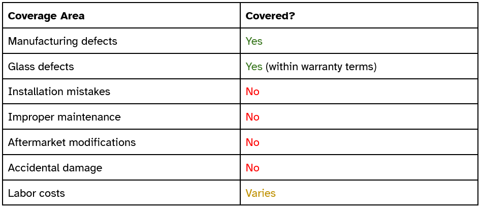 Manufacturing defects are covered. Glass defects are covered within warranty terms. Installation mistakes, improper maintenance, aftermarket modifications, and/or accidental damage are not covered. Labor cost coverage varies.